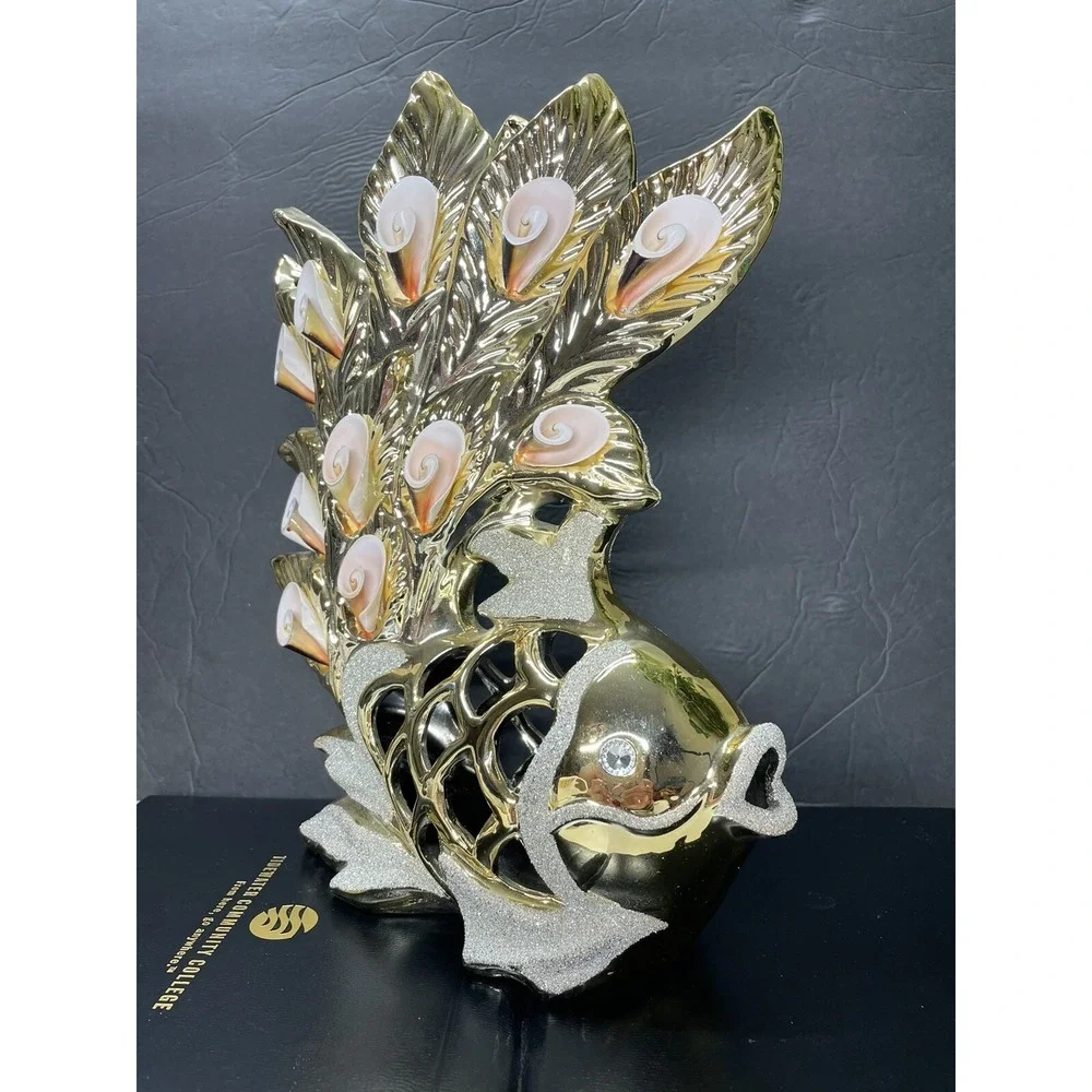 CERAMIC GOLD+SILVER SPARKLE GLITTER+PINK SHELL FISH FIGURINE,VASE-V932A  12